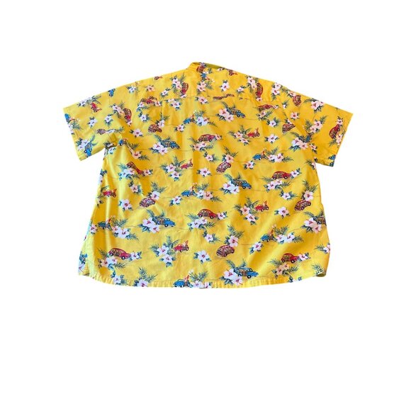 Vintage Hawaiian Shirt Yellow Woody Car Hibiscus Print Short Sleeve Button-Up XL - Picture 4 of 4